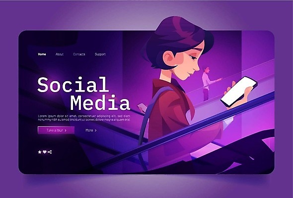 EPS 해외이미지 여자 남자 일러스트 들기 상반신 성인 두명 스마트폰 보라색 만화 쇼핑몰 에스컬레이터 성인만 해외202310 해외일러스트 컬러 모션 사람 핸드폰 스마트기기 파일형식 벡터