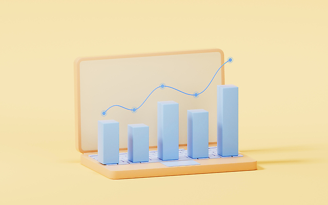 JPG 해외이미지 곡선 비즈니스 그래프 사람없음 노트북 노란색 3D 디지털 분석 해외202310 해외포토 포토 선 컬러 컨셉 전자제품 디지털합성 파일형식