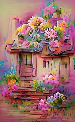 JPG 해외이미지 꽃 잎 페인팅 붓터치 주택 사람없음 컬러풀 혼합 신비 질감 옛날집 해외일러스트 식물 컬러 컨셉 건물 파일형식