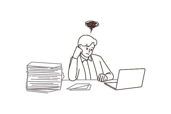 EPS 해외이미지 남자 일러스트 피곤 한명 상반신 성인 노트북 턱괴기 서류더미 성인남자한명만 해외202310 해외일러스트 1 컨셉 모션 사람 전자제품 문서 남자한명만 성인남자만 파일형식 벡터 더미