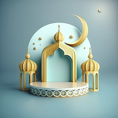 포토 JPG 해외이미지 건축물 하늘색 백그라운드 사람없음 3D 금색 달 모스크 단상 해외202310 해외포토 자연요소 건축 컬러 파란색 이슬람교 디지털합성 파일형식