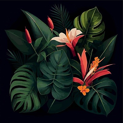 EPS 해외이미지 일러스트 검은배경 사람없음 야자수잎 몬스테라 열대꽃 열대잎 트로피컬아트 해외202310 해외일러스트 식물 꽃 백그라운드 잎 검은색 그림 파일형식 벡터