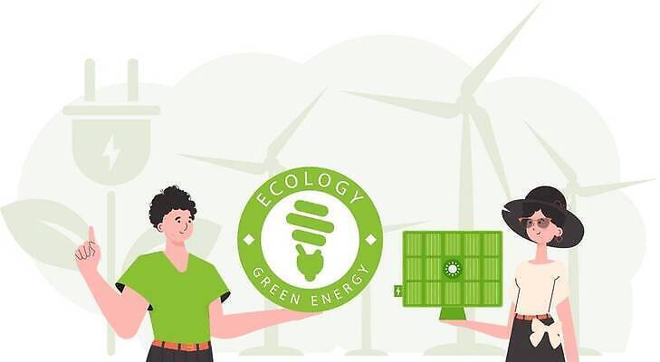 EPS 해외이미지 여자 남자 일러스트 들기 상반신 성인 두명 초록색 가리킴 그린에너지 전기에너지 에코 집열판 풍력기 성인만 해외202310 해외일러스트 컬러 모션 사람 손짓 환경 에너지 풍력에너지 태양에너지 파일형식 벡터