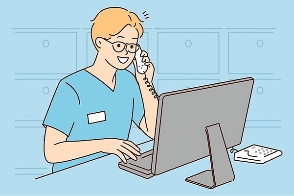 EPS 해외이미지 무료이미지 남자 일러스트 비즈니스 한명 상반신 성인 파란색 모니터 의사 키보드 유선전화기 통화 성인남자한명만 안경낌 해외202310 해외일러스트 1 안경 컬러 모션 사람 컴퓨터 의료진 전화기 남자한명만 성인남자만 파일형식 벡터