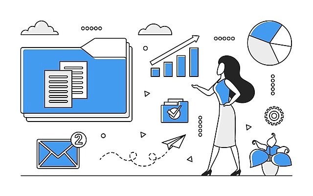 EPS 해외이미지 전신 무료이미지 여자 일러스트 비즈니스 그래프 한명 성인 파란색 디지털 정보 업무 분석 온라인 데이터베이스 메일함 성인여자한명만 해외202310 해외일러스트 1 컬러 컨셉 사람 작업 여자한명만 성인여자만 파일형식 벡터