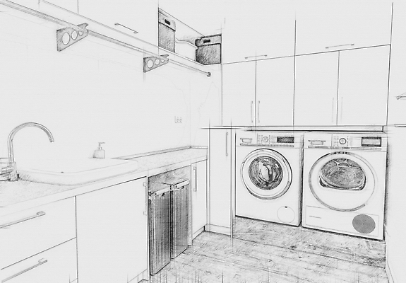 JPG 해외이미지 일러스트 집안 흑백 사람없음 인테리어 연필 설계도 스케치 싱크대 서랍장 손그림 드럼세탁기 해외202310 해외일러스트 디자인 가구 학용품 건설업 촬영기법 실내 미술 필기구 개수대 세탁기 파일형식