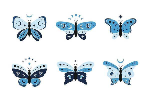 EPS 해외이미지 하늘색 나비 일러스트 사람없음 세트 달 점성술 마법 환상 해외202310 해외일러스트 자연요소 곤충 컨셉 파란색 파일형식 벡터