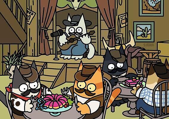 JPG 해외이미지 라이프스타일 음식 의자 일러스트 식탁 수염 사람없음 귀여움 식당 고양이 공연 가수 무대 만화 해외202310 해외일러스트 가구 컨셉 포유류 탁자 이벤트 생활 반려동물 상점 음악가 파일형식