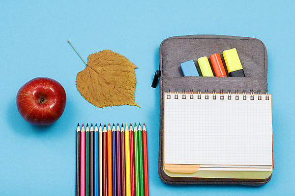 포토 JPG 해외이미지 무료이미지 교육 잎 문구용품 사람없음 스터디 연필 공책 공백 사과 오브젝트 파란배경 파우치 해외202310 해외포토 식물 백그라운드 가방 과일 학용품 파란색 학습 필기구 파일형식