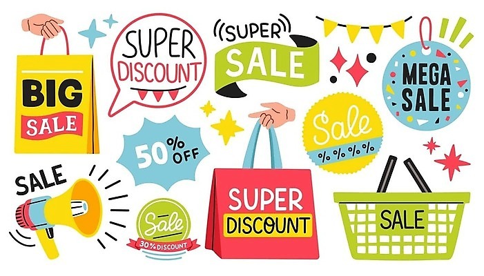 EPS 해외이미지 무료이미지 손 일러스트 신체부위 세트 쇼핑백 꼬리표 세일 확성기 장바구니 가랜드 엘리먼트 해외202310 해외일러스트 가방 사람 쇼핑 라벨 바구니 파티용품 파일형식 벡터