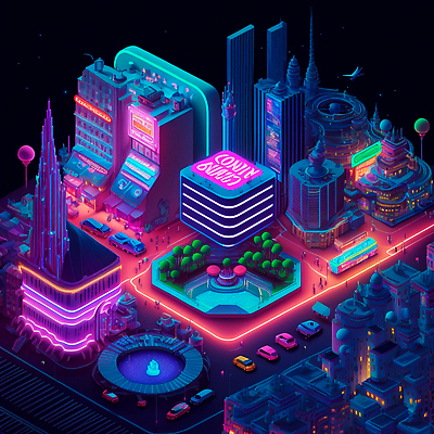 JPG 해외이미지 나무 일러스트 자동차 미래 사람모양 사람없음 건물 빛 고층빌딩 어둠 도시 도심 남색 분수대 네온 스카이라인 빌딩숲 아이소메트릭 해외202310 해외일러스트 모양 식물 건축물 육상교통 컬러 컨셉 빌딩 파일형식