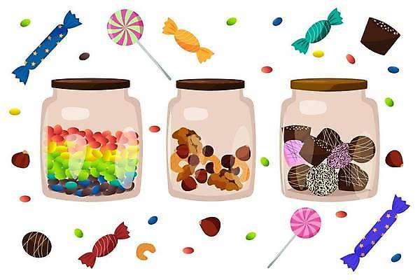 EPS 해외이미지 무료이미지 일러스트 디저트 사탕 사람없음 초콜릿 견과류 병 담기 캔디병 해외202310 해외일러스트 식기 음식 모션 병_담는 파일형식 벡터 무료콘텐츠