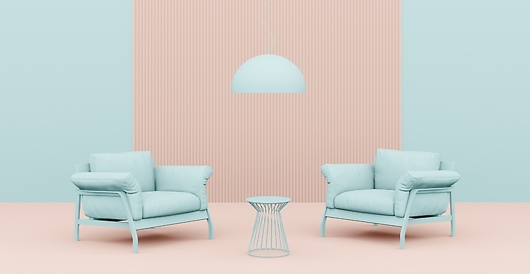 포토 JPG 해외이미지 무료이미지 분홍색 가구 하늘색 백그라운드 전등 사람없음 인테리어 소파 3D 파스텔톤 해외202310 해외포토 디자인 컬러 생활용품 의자 조명 파란색 디지털합성 파일형식 무료콘텐츠