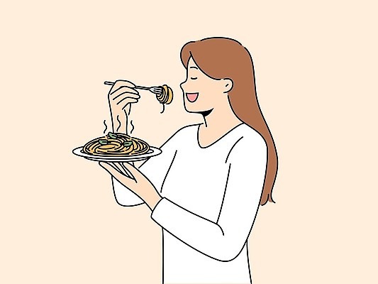 EPS 해외이미지 접시 여자 포크 일러스트 스파게티 한명 들기 상반신 성인 눈감음 연기 먹기 성인여자한명만 해외202310 해외일러스트 1 식기 모션 파스타 사람 여자한명만 성인여자만 파일형식 벡터