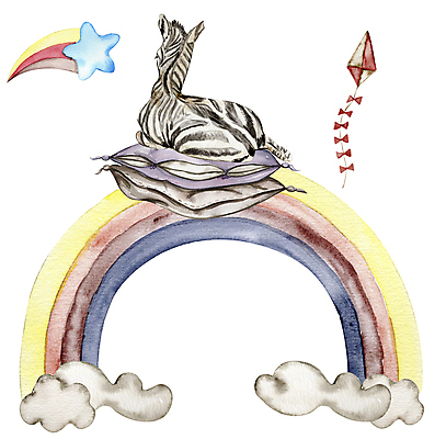 JPG 해외이미지 한마리 무지개 일러스트 방석 앉기 사람없음 얼룩말 해외202310 해외일러스트 자연요소 1 모션 말_동물 파일형식