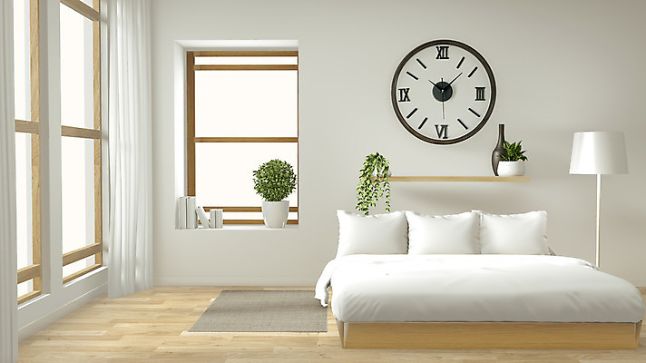 JPG 해외이미지 화분 화초 시계 창문 선반 사람없음 책 깨끗함 카펫 흰색 침대 스탠드 모던 나무바닥 심플 안방 해외포토 포토 식물 컬러 가구 컨셉 조명 바닥 파일형식