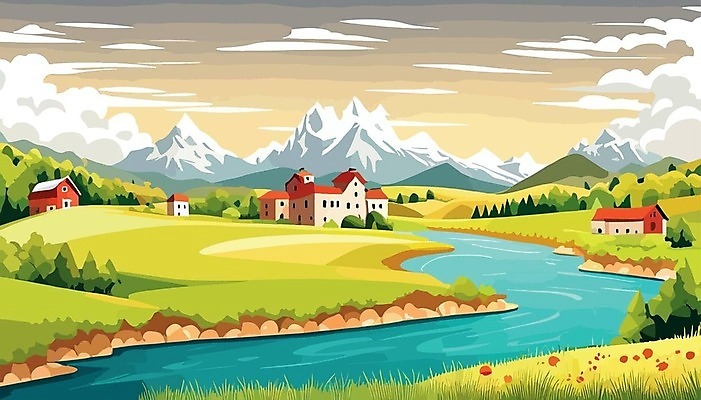 EPS 해외이미지 나무 백그라운드 일러스트 하늘 산 주택 사람없음 물 강 마을 들꽃 분위기 해외202310 해외일러스트 자연요소 식물 꽃 컨셉 건물 파일형식 벡터