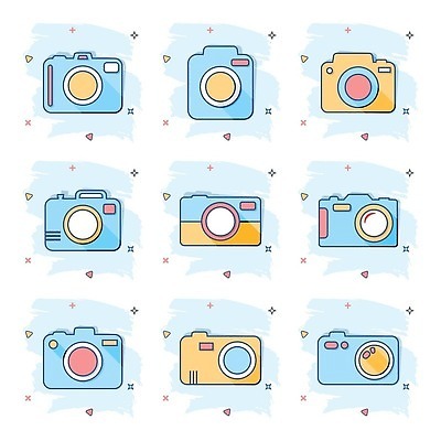 EPS 해외이미지 하늘색 일러스트 사람없음 반짝임 세트 카메라 삼각형 심플 해외202310 해외일러스트 도형 모션 파란색 전자제품 파일형식 벡터