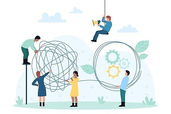 EPS 해외이미지 무료이미지 여자 남자 일러스트 비즈니스 협력 매달리기 들기 여러명 성인 확성기 톱니바퀴 해결 복잡 성인만 해외202310 해외일러스트 다수 컨셉 모션 사람 파일형식 벡터 무료콘텐츠