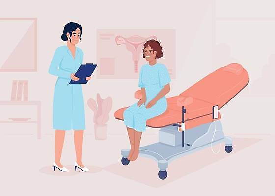 EPS 해외이미지 전신 여자 일러스트 들기 앉기 성인 두명 진료 산부인과 서류판 성인여자만 해외202310 해외일러스트 의학 모션 병원 사람 사무용품 여자만 성인만 파일형식 벡터