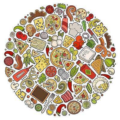 EPS 해외이미지 그릇 접시 포크 잎 토마토 일러스트 재료 단면 요리사모자 사람없음 컬러풀 버섯 소시지 나이프 수프 케첩 올리브 양송이 나무도마 모짜렐라치즈 살라미 적양파 조각치즈 파마산치즈 페퍼로니 피자조각 할라피뇨 핫소스 해외202310 해외일러스트 식물 모자_잡화 식기 열매 컬러 조각 채소 고추 양파 치즈 도마 피자 목재 요리사 소스_음식 가공식품 칼 파일형식 벡터