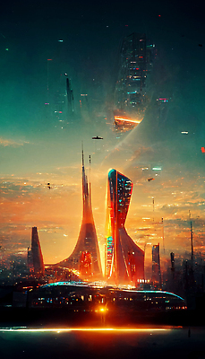 포토 JPG 해외이미지 하늘 미래 빌딩 사람없음 건물 일몰 도시 우주선 네온 사이버펑크 해외202310 해외포토 건축물 컨셉 우주 노을 파일형식 SF