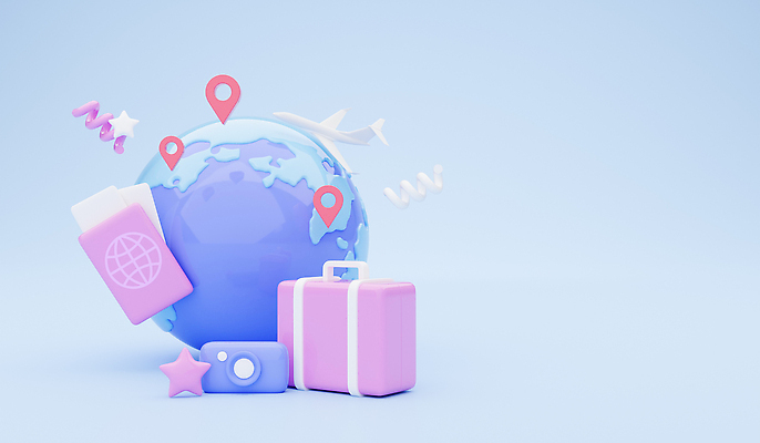 JPG 해외이미지 별 지구 일러스트 휴가 비행기 사람없음 파란색 3D 카메라 여행가방 항공권 오브젝트 여권 위치 카피스페이스 해외202310 해외일러스트 자연요소 컬러 가방 항공교통 대중교통 전자제품 공백 티켓 디지털합성 파일형식