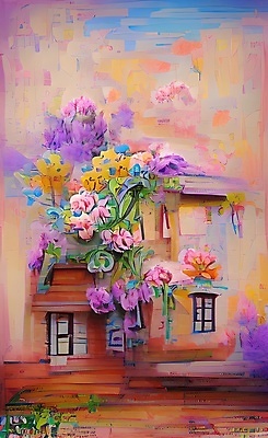 JPG 해외이미지 꽃 잎 창문 페인팅 붓터치 주택 사람없음 컬러풀 혼합 신비 질감 옛날집 해외일러스트 식물 컬러 컨셉 건물 파일형식