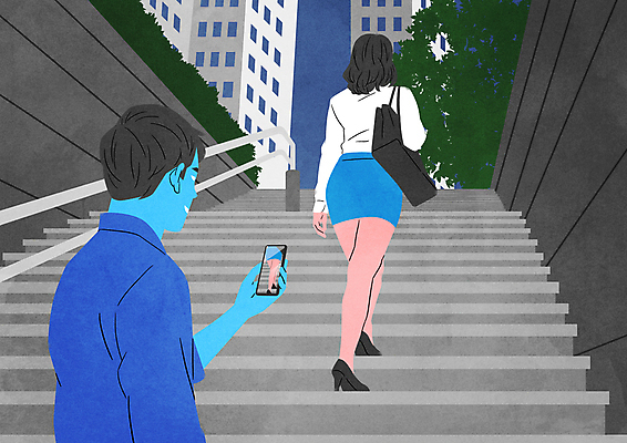 전신 PSD 나무 여자 남자 일러스트 들기 상반신 성인 두명 건물 스마트폰 계단 풀 범죄 범죄인 오르기 도촬 몰래카메라 성인만 불법촬영 국내일러스트 식물 건축물 모션 사람 핸드폰 스마트기기 카메라 파일형식