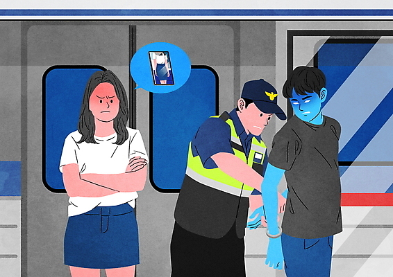 PSD 여자 남자 말풍선 일러스트 상반신 성인 세명 스마트폰 팔짱 범죄 경찰 전철 범죄인 수갑 구속 경찰복 도촬 몰래카메라 체포 성인만 불법촬영 국내일러스트 직업 육상교통 컨셉 유니폼 모션 대중교통 사람 핸드폰 스마트기기 카메라 파일형식