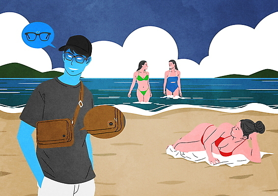 전신 PSD 구름 여자 남자 안경 말풍선 가방 일러스트 여러명 상반신 성인 해변 비키니 눕기 범죄 범죄인 주머니손 도촬 몰래카메라 성인만 불법촬영 국내일러스트 자연요소 잡화 수영복 바다 다수 모션 사람 카메라 파일형식