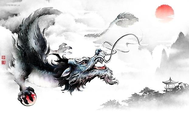 PSD 나무 구름 일러스트 붓터치 산 들기 사람없음 태양 일출 올려보기 안개 구슬 동양화 정자 번짐 낙관 여의주 청룡 갑진년 국내일러스트 자연요소 식물 건축물 모션 날씨 미술 노을 용 파일형식 2024년 효과 사방신