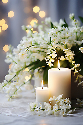 JPG 편집이미지 꽃 촛불 탁자 사람없음 흰색 오브젝트 보케 향기 아로마 향초 빛망울 편집실사 AI포토 AI콘텐츠 식물 컬러 가구 초 빛 CG 냄새 파일형식