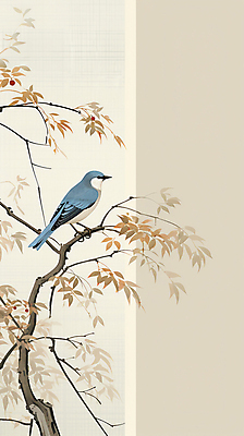 JPG 한마리 일러스트 나뭇잎 사람없음 나뭇가지 동양화 디지털합성 그림 파랑새 카피스페이스 국내일러스트 AI일러스트 AI콘텐츠 나무 1 잎 조류 미술 공백 파일형식