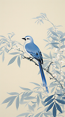 JPG 한마리 꽃 일러스트 나뭇잎 사람없음 파란색 나뭇가지 동양화 디지털합성 그림 베이지색 파랑새 카피스페이스 국내일러스트 AI일러스트 AI콘텐츠 나무 식물 1 컬러 잎 조류 미술 공백 파일형식