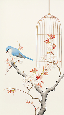 JPG 한마리 꽃 일러스트 나뭇잎 사람없음 나뭇가지 동양화 디지털합성 그림 새장 베이지색 파랑새 카피스페이스 국내일러스트 AI일러스트 AI콘텐츠 나무 식물 1 컬러 잎 조류 미술 공백 케이지 파일형식