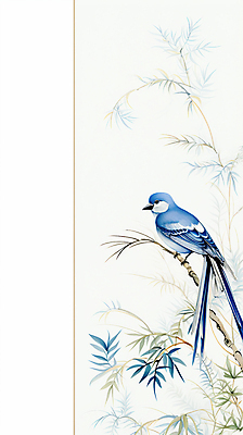 JPG 한마리 일러스트 나뭇잎 사람없음 파란색 나뭇가지 동양화 디지털합성 그림 파랑새 카피스페이스 국내일러스트 AI일러스트 AI콘텐츠 나무 1 컬러 잎 조류 미술 공백 파일형식