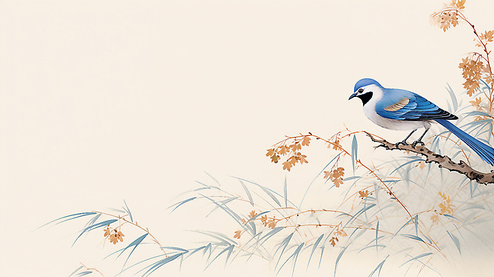 JPG 한마리 일러스트 나뭇잎 사람없음 나뭇가지 동양화 디지털합성 그림 베이지색 파랑새 카피스페이스 국내일러스트 AI일러스트 AI콘텐츠 나무 1 컬러 잎 조류 미술 공백 파일형식