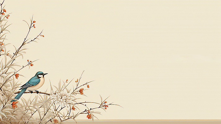 JPG 한마리 꽃 일러스트 나뭇잎 사람없음 나뭇가지 동양화 디지털합성 그림 베이지색 파랑새 카피스페이스 국내일러스트 AI일러스트 AI콘텐츠 나무 식물 1 컬러 잎 조류 미술 공백 파일형식