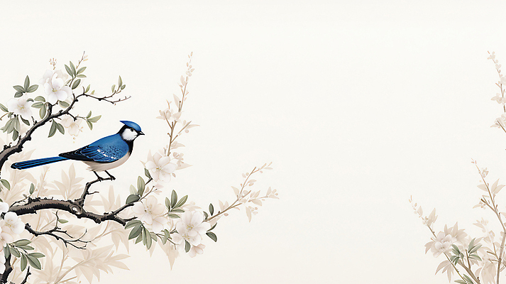 JPG 한마리 꽃 잎 일러스트 나뭇잎 사람없음 흰색 나뭇가지 동양화 디지털합성 그림 파랑새 카피스페이스 국내일러스트 AI일러스트 AI콘텐츠 나무 식물 1 컬러 조류 미술 공백 파일형식