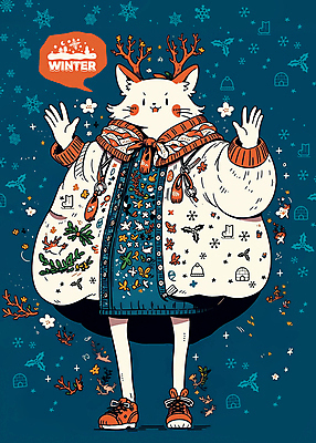 PSD 말풍선 겨울 일러스트 사슴 사람없음 손들기 점퍼 나뭇가지 눈 눈송이 남색 겨울옷 사슴캐릭터 겨울축제 국내일러스트 자연요소 나무 옷 계절 컬러 동물캐릭터 포유류 모션 날씨 눈_날씨 축제 외투 파일형식