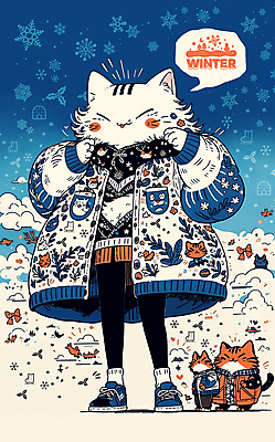 PSD 말풍선 겨울 일러스트 손짓 사람없음 파란색 고양이 점퍼 눈 눈송이 겨울옷 고양이캐릭터 겨울축제 국내일러스트 자연요소 옷 계절 컬러 동물캐릭터 포유류 모션 날씨 눈_날씨 반려동물 축제 외투 파일형식