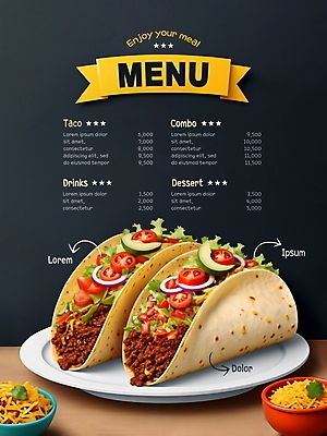 PSD 편집이미지 접시 리본 사람없음 검은색 디지털합성 메뉴 메뉴판 멕시코음식 타코 편집소스 이미지편집 식기 컬러 서양음식 파일형식