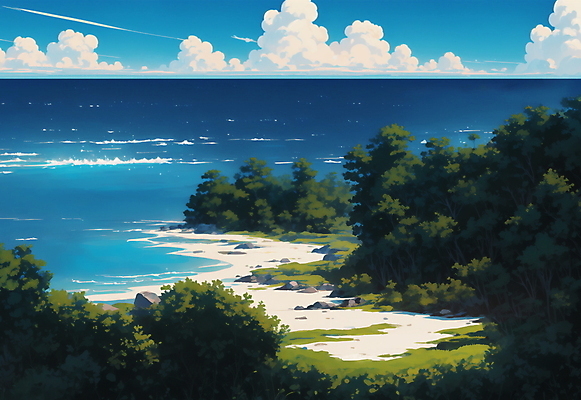 JPG 나무 구름 일러스트 자연 하늘 해변 사람없음 여름 모래사장 맑음 여름풍경 시골 국내일러스트 AI일러스트 AI콘텐츠 자연요소 식물 계절 바다 날씨 풍경 생태계 파일형식 여름_계절