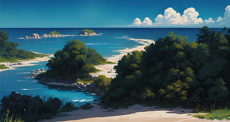 JPG 나무 구름 일러스트 자연 하늘 해변 사람없음 여름 모래사장 맑음 여름풍경 바위 시골 국내일러스트 AI일러스트 AI콘텐츠 자연요소 식물 계절 바다 날씨 풍경 돌_바위 생태계 파일형식 여름_계절