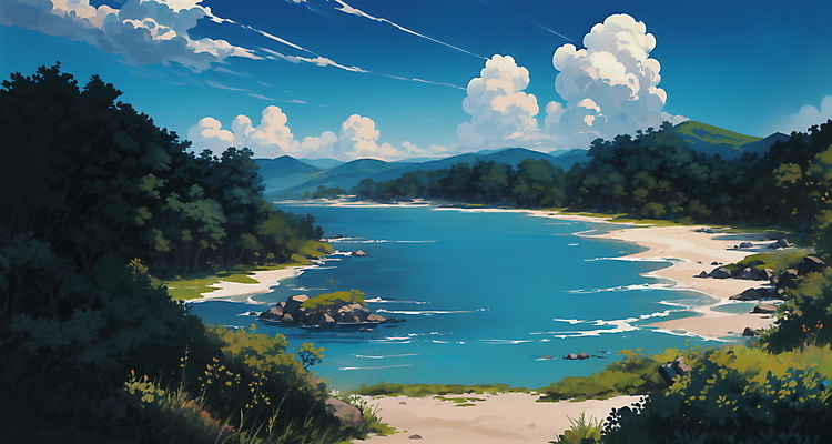 JPG 나무 구름 일러스트 자연 하늘 산 해변 사람없음 여름 모래사장 맑음 여름풍경 시골 풀 국내일러스트 AI일러스트 AI콘텐츠 자연요소 식물 계절 바다 날씨 풍경 생태계 파일형식 여름_계절