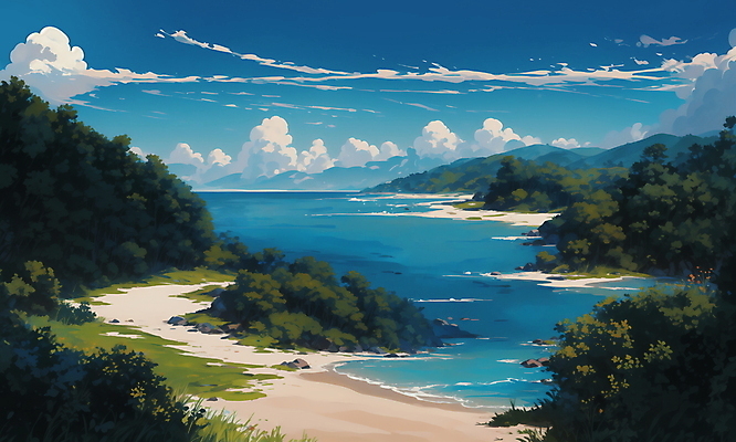JPG 나무 구름 일러스트 자연 하늘 산 해변 사람없음 여름 모래사장 맑음 여름풍경 시골 풀 국내일러스트 AI일러스트 AI콘텐츠 자연요소 식물 계절 바다 날씨 풍경 생태계 파일형식 여름_계절