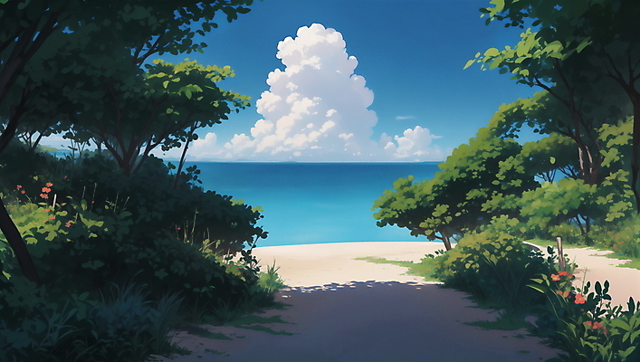JPG 나무 구름 일러스트 자연 하늘 해변 사람없음 여름 모래사장 맑음 여름풍경 시골 풀 국내일러스트 AI일러스트 AI콘텐츠 자연요소 식물 계절 바다 날씨 풍경 생태계 파일형식 여름_계절