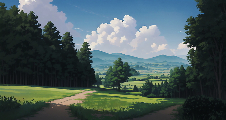 JPG 나무 구름 길 일러스트 자연 하늘 산 사람없음 여름 맑음 여름풍경 시골 국내일러스트 AI일러스트 AI콘텐츠 자연요소 식물 계절 날씨 풍경 생태계 파일형식 여름_계절