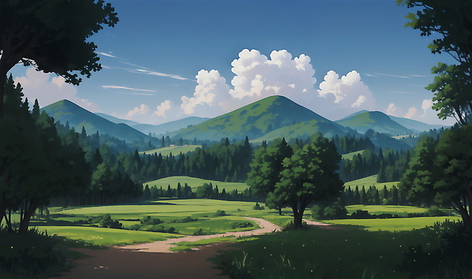 JPG 나무 구름 길 일러스트 자연 하늘 산 사람없음 여름 맑음 여름풍경 시골 국내일러스트 AI일러스트 AI콘텐츠 자연요소 식물 계절 날씨 풍경 생태계 파일형식 여름_계절